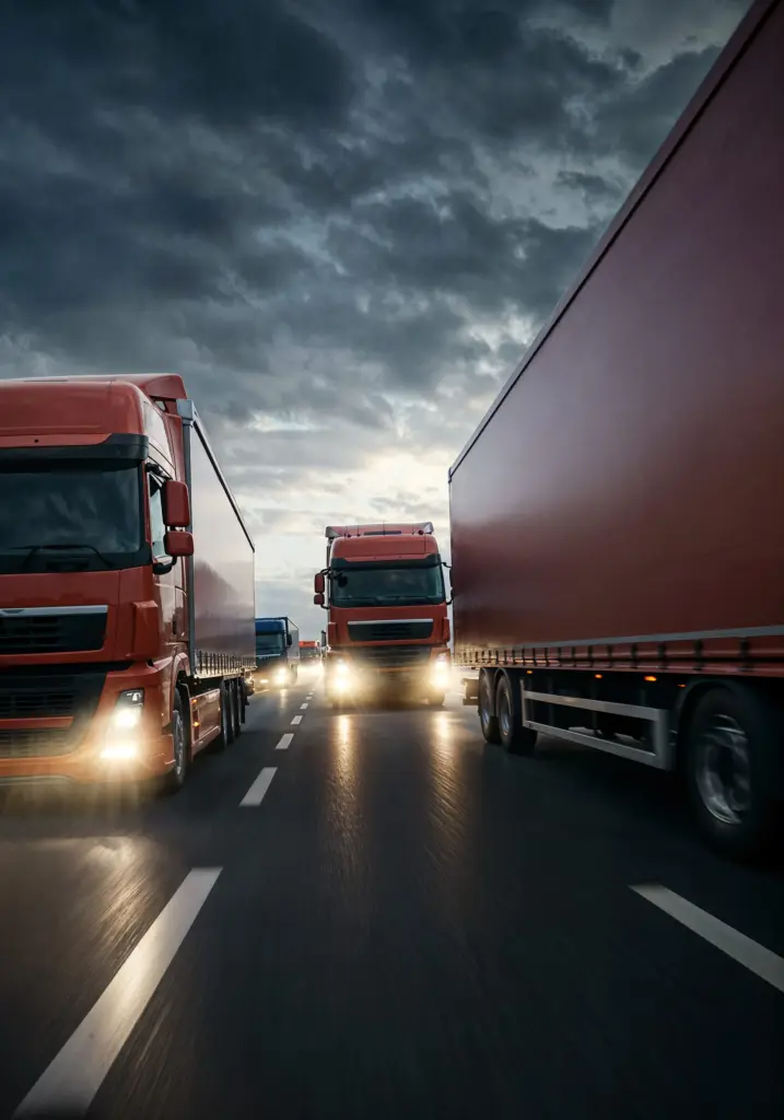 Camions rouges sur la route, de nuit